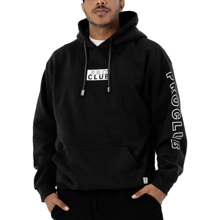 Black men's pullover hoodie with front logo patch, hood strings, and logo sleeve print