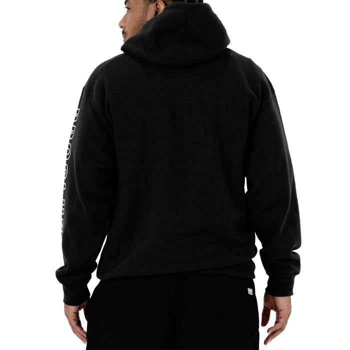 Black men's pullover hoodie back view with logo sleeve print and ribbed hem
