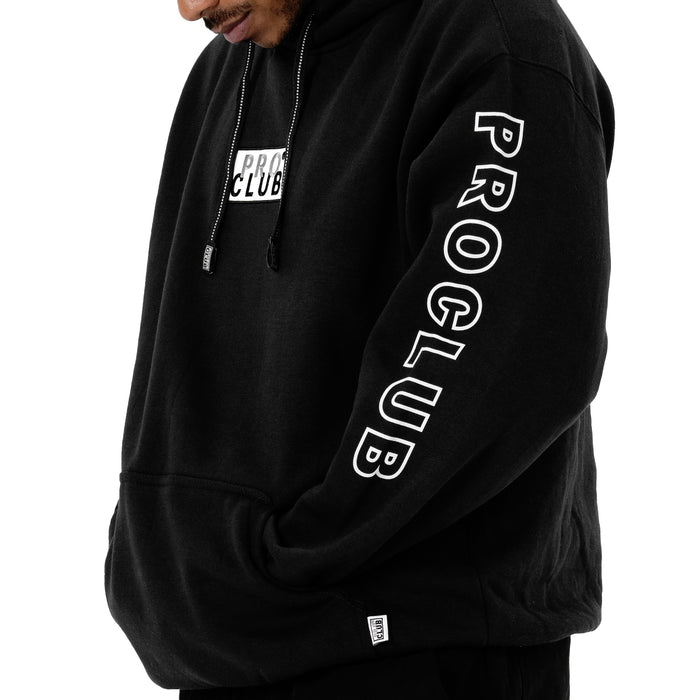 Black hoodie sleeve close-up with large 'PRO CLUB' text print and small front label