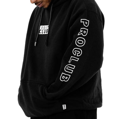 Black hoodie sleeve close-up with large 'PRO CLUB' text print and small front label