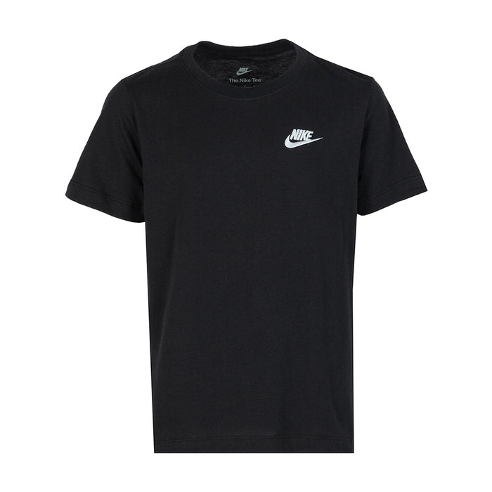 Youth black t-shirt with small embroidered Nike logo on the chest