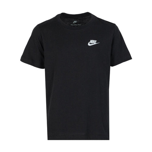 Youth black t-shirt with small embroidered Nike logo on the chest