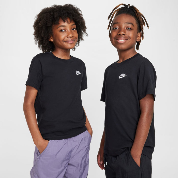 Youth black t-shirt with embroidered Nike logo on the chest, short sleeves