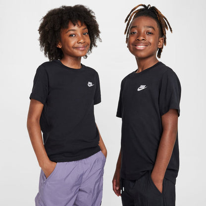 Youth black t-shirt with embroidered Nike logo on the chest, short sleeves