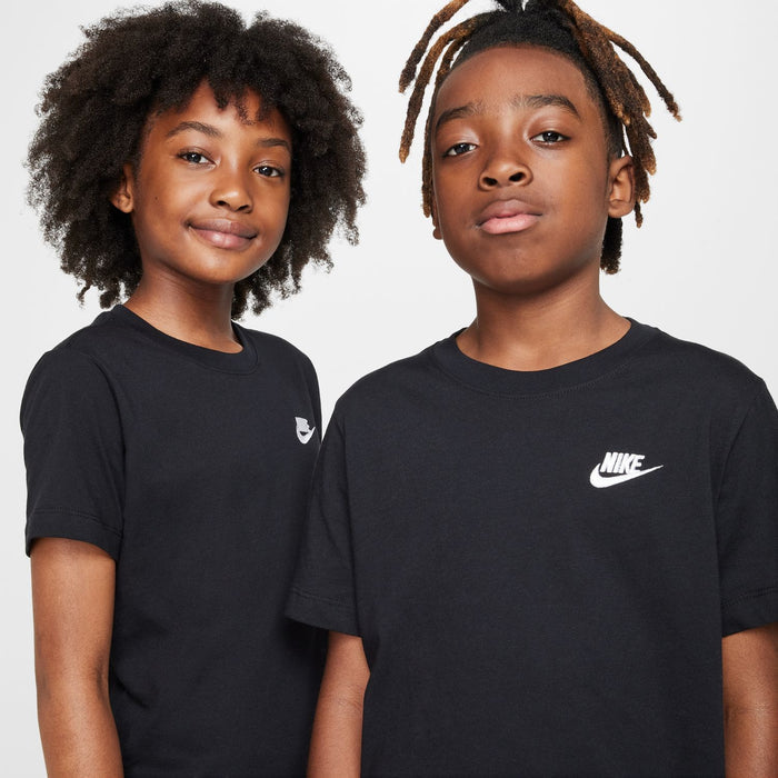 Youth black t-shirt with embroidered Nike logo on the chest, crew neck