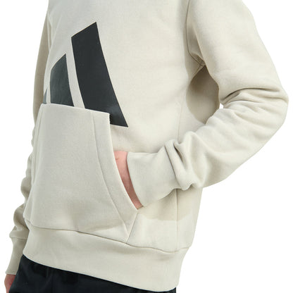 Youth hoodie sleeve and kangaroo pocket detail with large black logo on chest