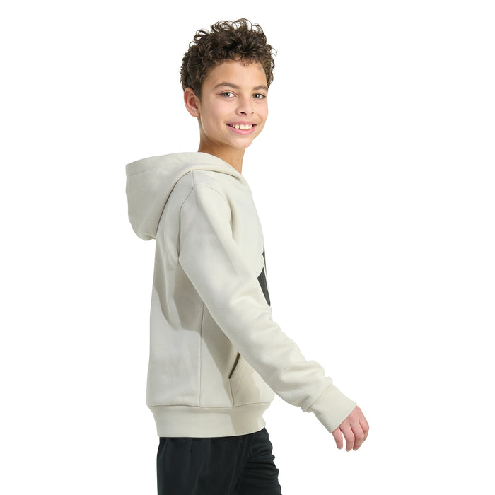 Youth pullover hoodie with hood; front pocket and large black logo at chest