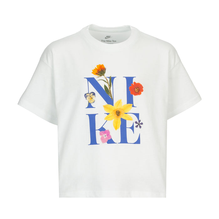 Youth boxy T-shirt in white with colorful flower “N A E” graphic on chest