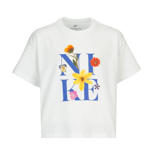 Youth boxy T-shirt in white with colorful flower “N A E” graphic on chest