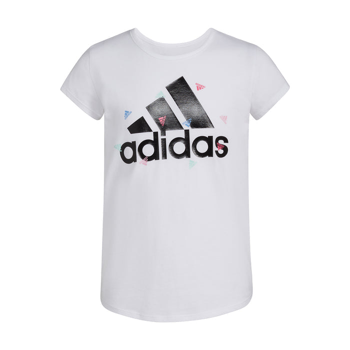 White youth crew-neck T-shirt with large adidas graphic front.
