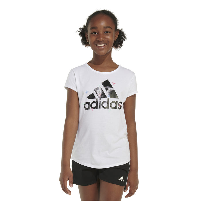 White youth crew-neck T-shirt with adidas logo print on front.