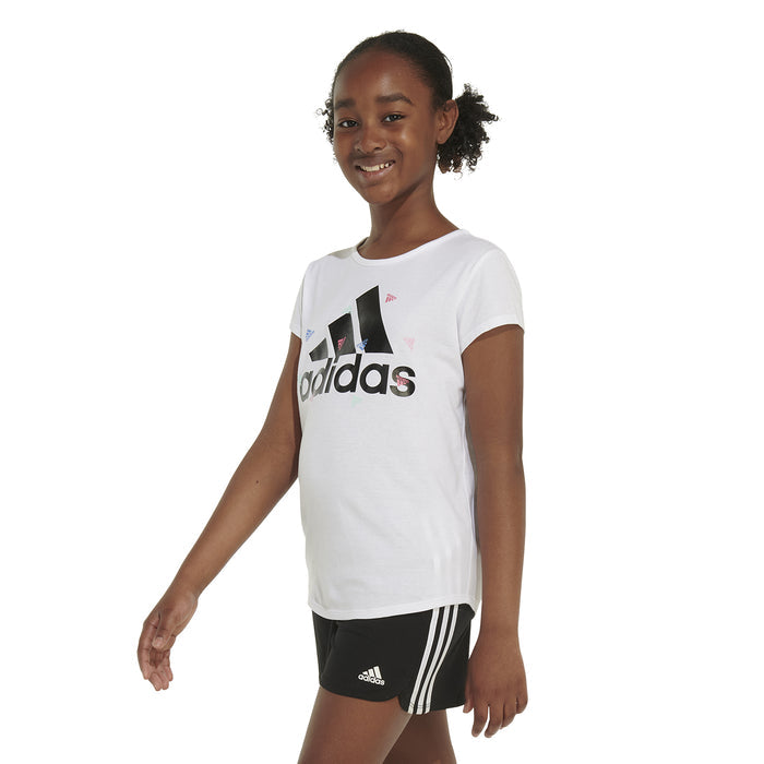 White youth crew-neck T-shirt with adidas logo print, side angle.