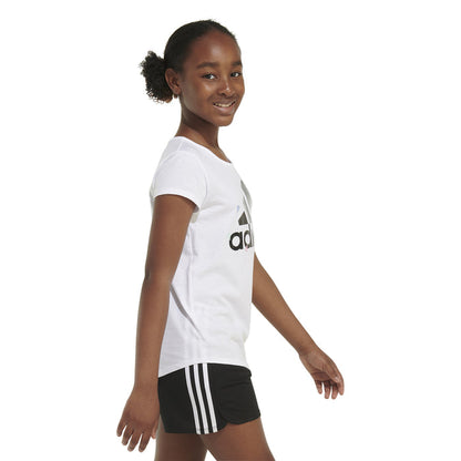 White youth crew-neck T-shirt with adidas logo front, profile view.