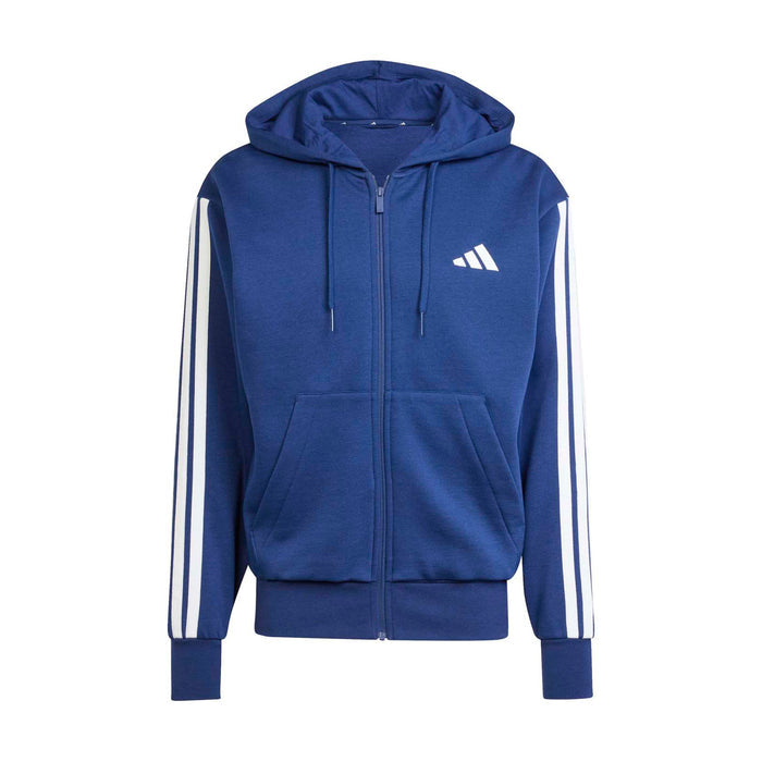 Men's dark blue zip-up fleece hoodie with hood, drawstrings, and 3 white stripes