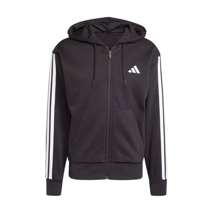 Men's black fleece full-zip hoodie with hood, kangaroo pocket, and 3-stripe sleeves