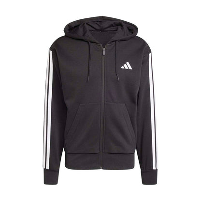 Men's black fleece full-zip hoodie with hood, kangaroo pocket, and 3-stripe sleeves