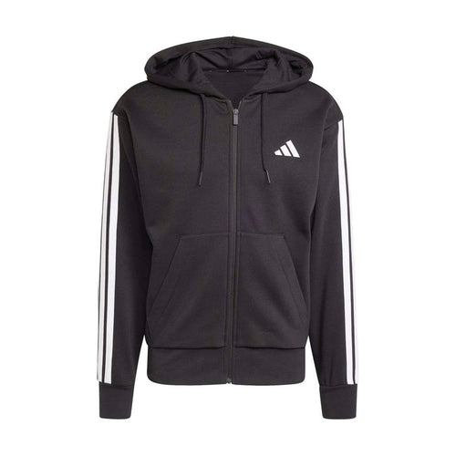 Men's black fleece full-zip hoodie with hood, kangaroo pocket, and 3-stripe sleeves