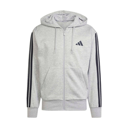 Men's medium grey heather full-zip fleece hoody with hood and three-stripe sleeves