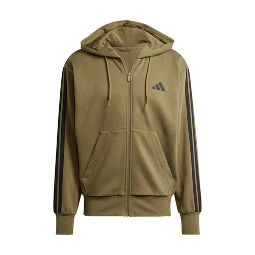 Men's olive zip-up fleece hoodie with drawstring hood and front pockets