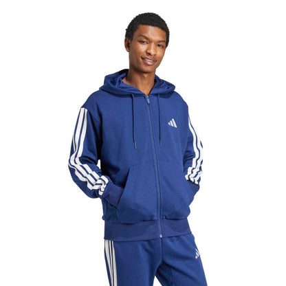 Men's dark blue zip-up hoodie with hood, white 3-stripe sleeves, Adidas logo