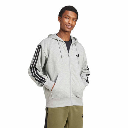 Men's medium grey heather full-zip fleece hoody with hood and black three-stripe sleeves