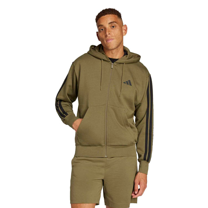 Men's olive fleece full-zip hoodie with three-stripe sleeves and kangaroo pocket