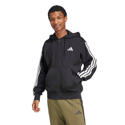 Men's black fleece full-zip hoodie with hood; white 3-stripe sleeves