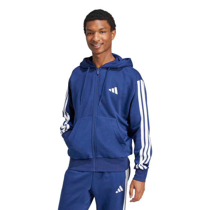 Men's dark blue zip-up fleece hoodie with hood, front zip, white 3-stripe sleeves
