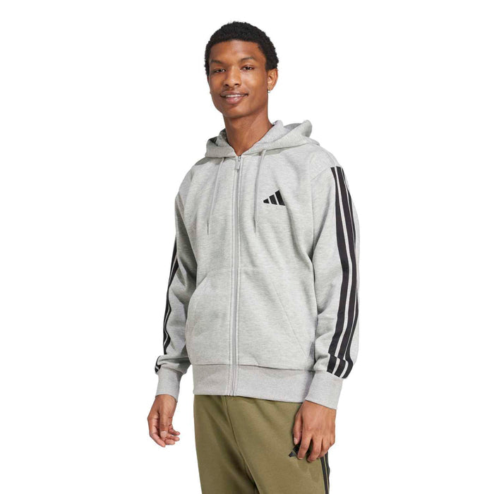 Men's medium grey heather full-zip fleece hoody, hooded, with sleeve three-stripe detail