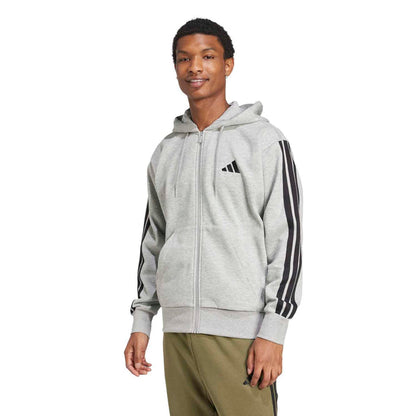 Men's medium grey heather full-zip fleece hoody, hooded, with sleeve three-stripe detail