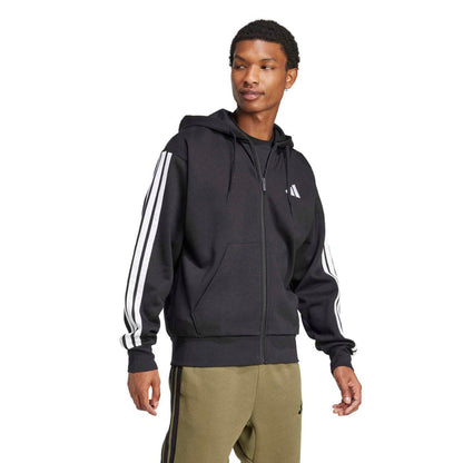 Men's black fleece full-zip hoodie with hood and white 3-stripe sleeves