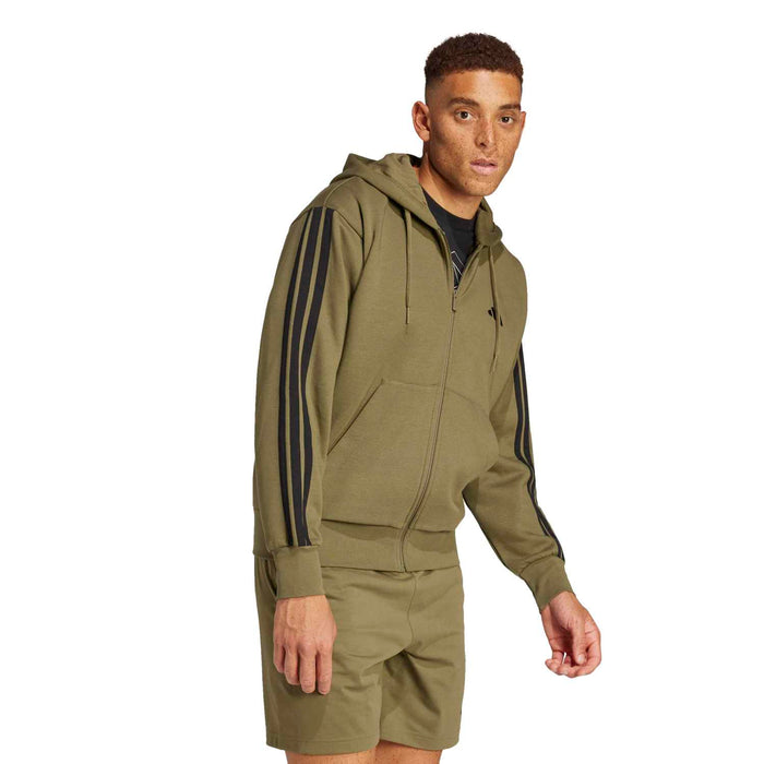 Men's olive fleece full-zip hoodie with three-stripe side sleeve panels