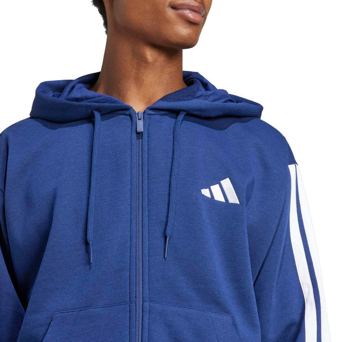 Dark blue zip-up hoodie hood close-up with drawstrings and Adidas logo