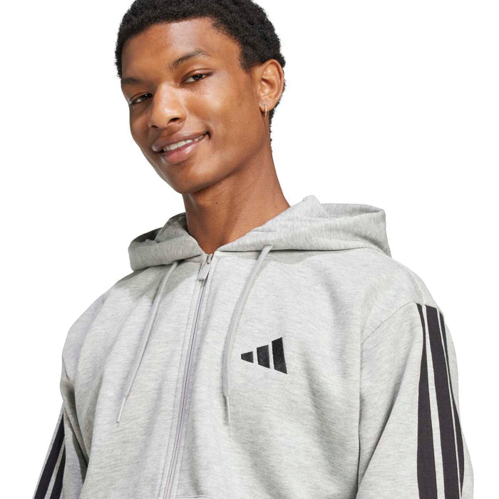 Men's medium grey heather fleece full-zip hoody with hood and adidas logo