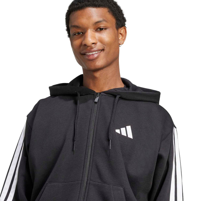 Men's black fleece full-zip hoodie with hood, small chest logo, and 3-stripe sleeve