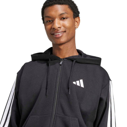Men's black fleece full-zip hoodie with hood, small chest logo, and 3-stripe sleeve