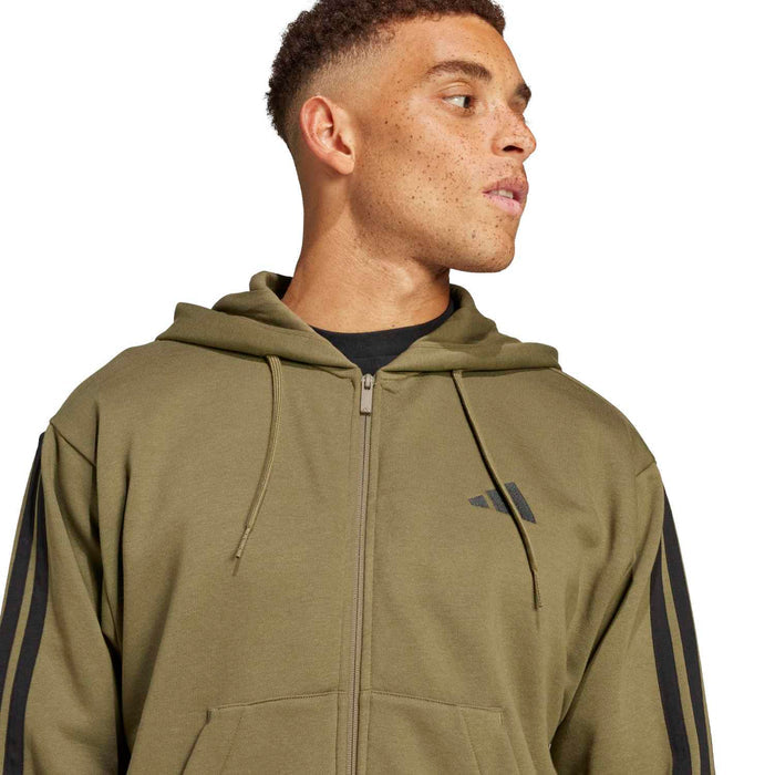 Men's olive fleece zip hoodie with drawstring hood and three-stripe arm detail