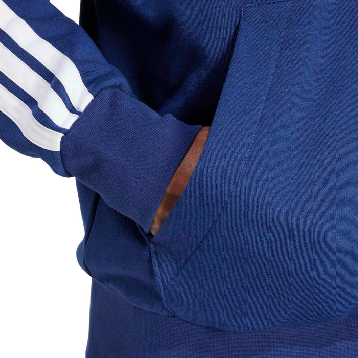 Dark blue fleece hoodie front pocket and zip detail with ribbed cuffs
