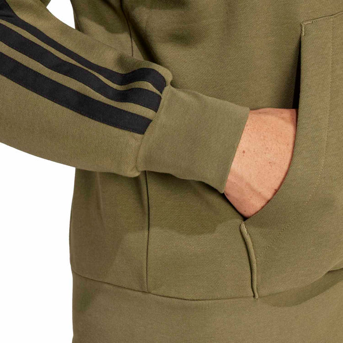 Olive fleece hoodie sleeve cuff with three-stripe detail and ribbed hem