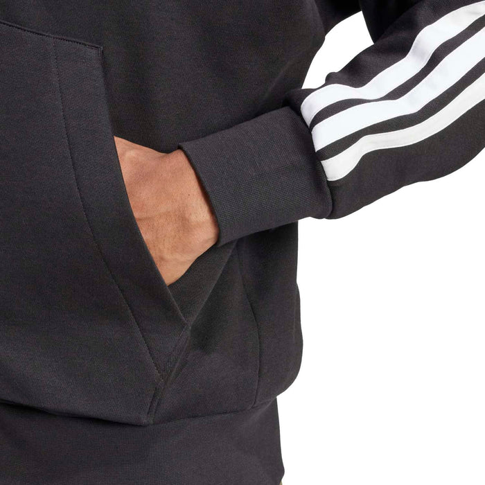 Men's black fleece hoodie pocket and ribbed cuff with white 3-stripe sleeve