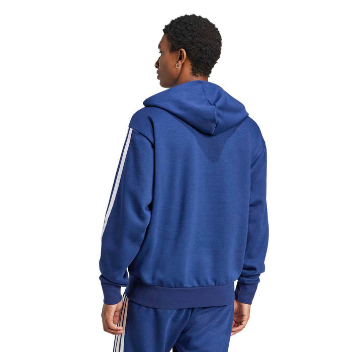 Dark blue zip-up fleece hoodie back view with hood and white 3-stripe sleeves