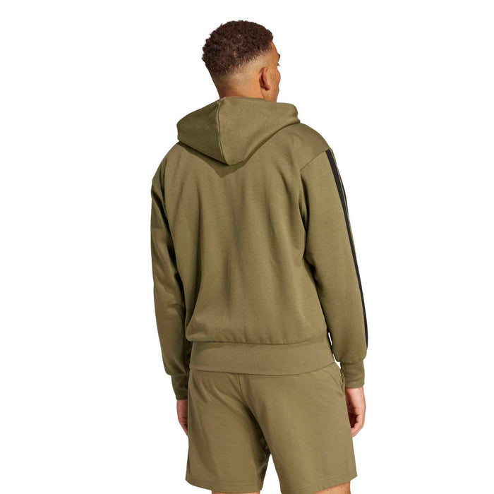 Men's olive fleece full-zip hoodie from back with three-stripe sleeves