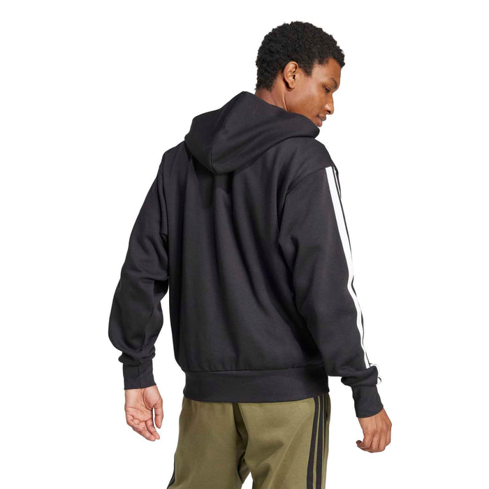 Men's black fleece full-zip hoodie back view with hood and white 3-stripe sleeves