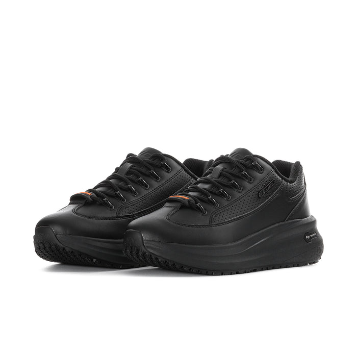 Women's black lace-up sneaker, side view showing thick sole tread