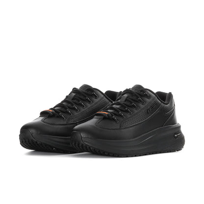 Women's black lace-up sneaker, side view showing thick sole tread