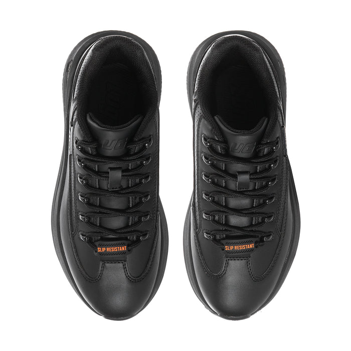 Pair of women's black lace-up sneakers with cushioned tongue and eyelets