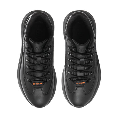 Pair of women's black lace-up sneakers with cushioned tongue and eyelets