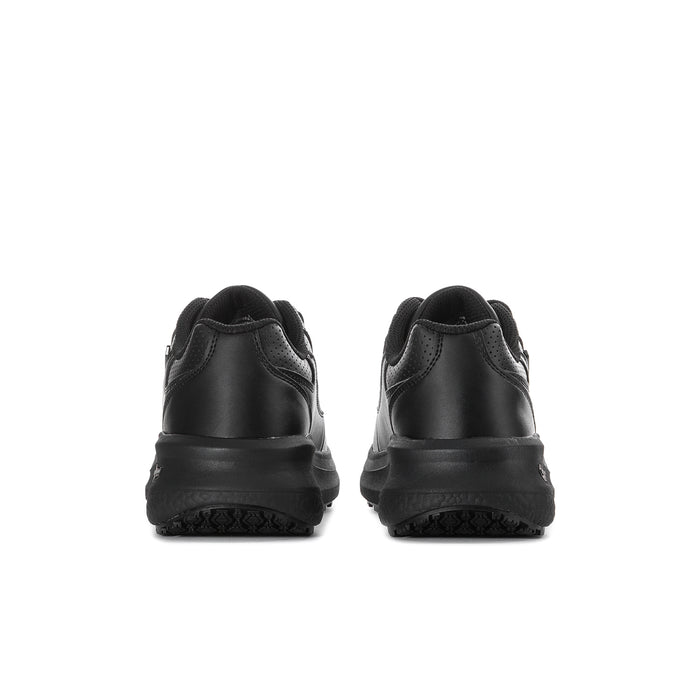 Women's black lace-up sneakers, rear view with padded collar and chunky sole