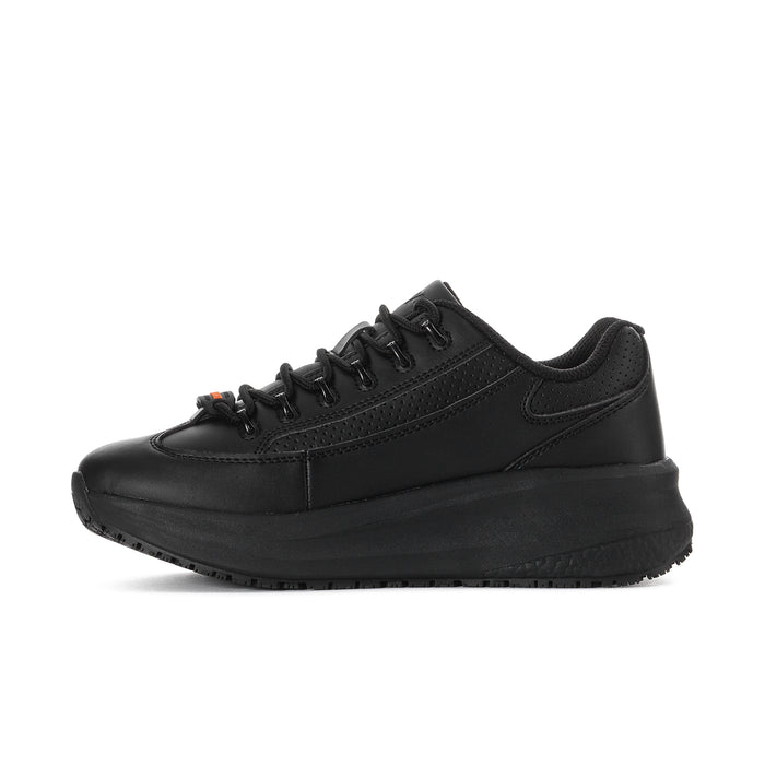 Women's black lace-up sneaker with padded collar and low-profile platform sole