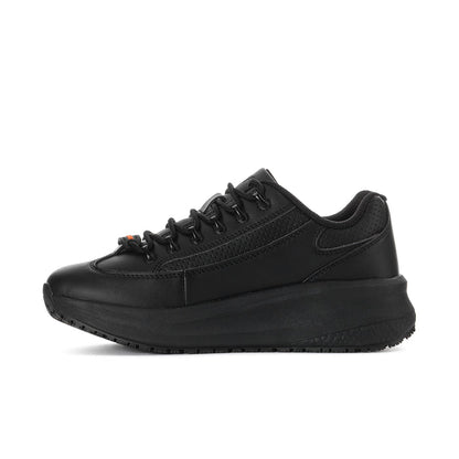 Women's black lace-up sneaker with padded collar and low-profile platform sole